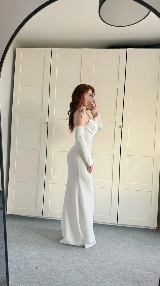 Alya Satin White Sleeve Evening Dress