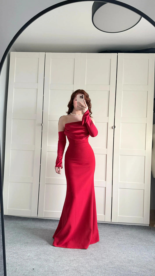 Alya Satin Red Sleeve Evening Dress