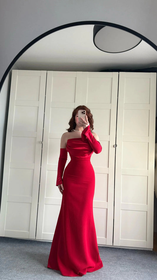 Alya Satin Red Sleeve Evening Dress