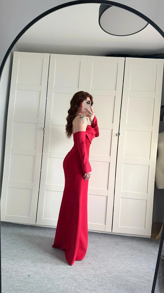Alya Satin Red Sleeve Evening Dress