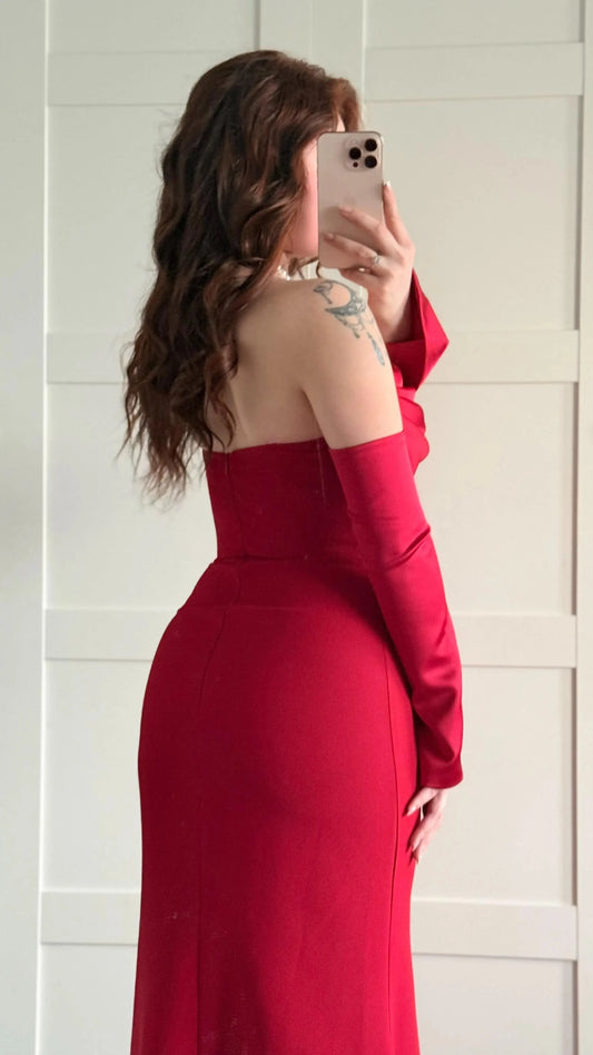 Alya Satin Red Sleeve Evening Dress
