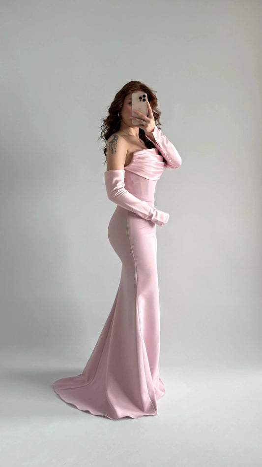 Alya Satin Powder Pink Sleeve Evening Dress