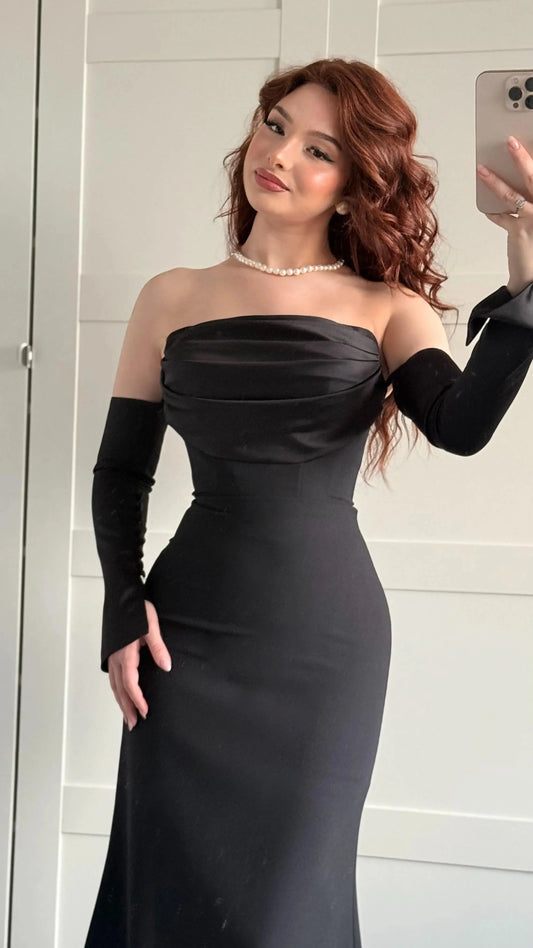Alya Satin Black Sleeve Evening Dress