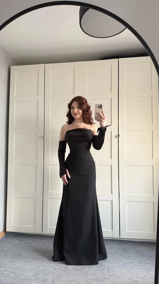 Alya Satin Black Sleeve Evening Dress