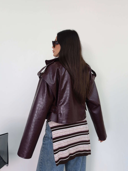 High-Neck Croc-Embossed Leather Jacket