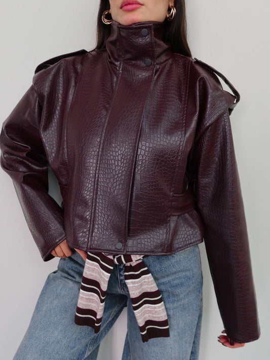 High-Neck Croc-Embossed Leather Jacket