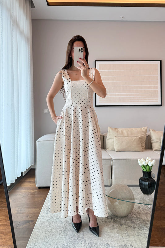 Beige Polka Dot with Back Tie Detail Dress