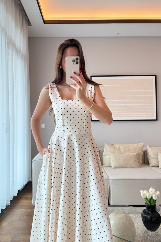 Beige Polka Dot with Back Tie Detail Dress