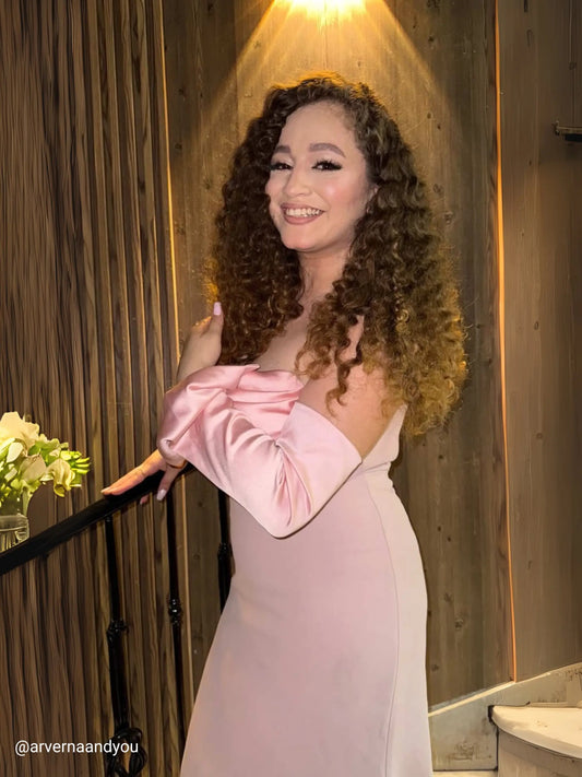 Alya Satin Powder Pink Sleeve Evening Dress