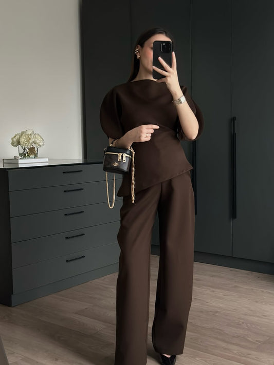 Brown Asymmetrical Waist-Fitted Set