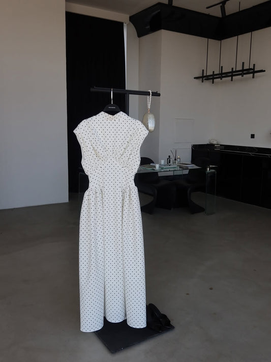 White Padded Waist-Fitted Polka Dot Dress