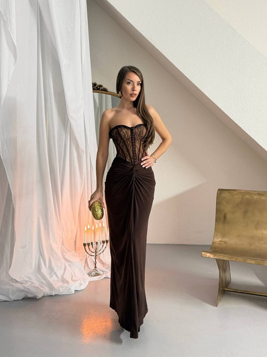 Mocha Lace Corset Maxi Dress