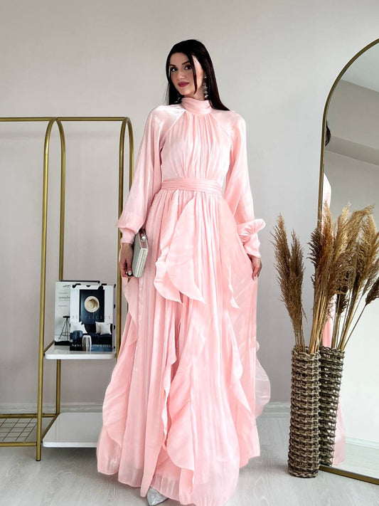 High Neck Ruffle Satin Chiffon Maxi Length Pink Dress
