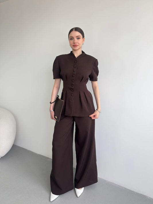 Brown Noir Waist Detail Balloon Sleeve Padded Buttoned Suit