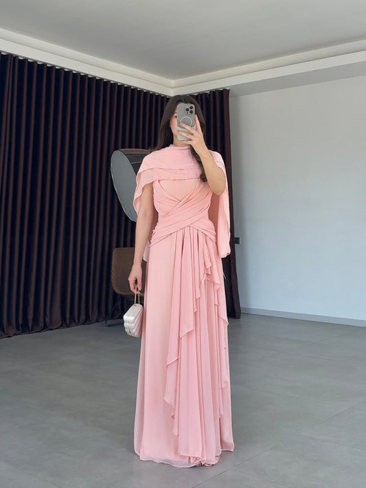 Pink Lauren Maxi with Shawl and Pleat Detail Dress