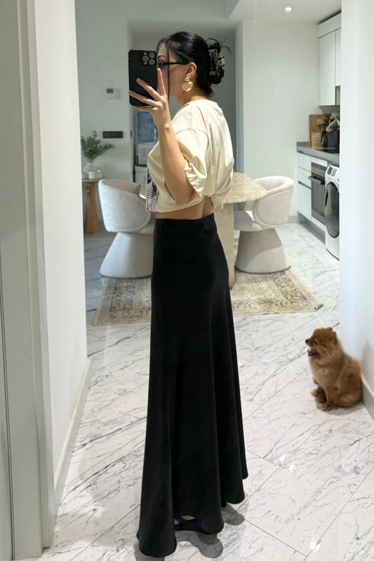 Elegant Satin Bias Black Skirt