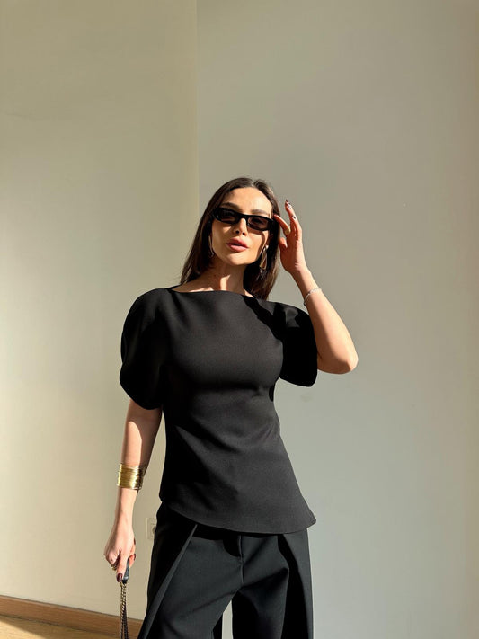 Balloon Sleeve Black Blouse