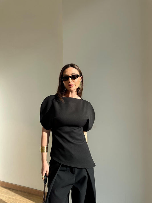 Balloon Sleeve Black Blouse