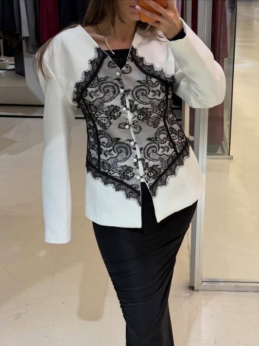 Lace Detail and V-Neck Design Blazer