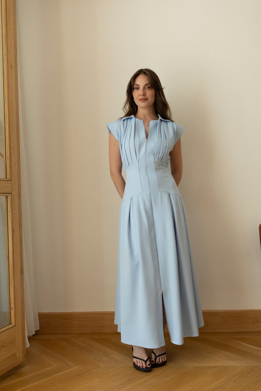 Baby Blue Polo Collar Front Zipper Pleated Dress