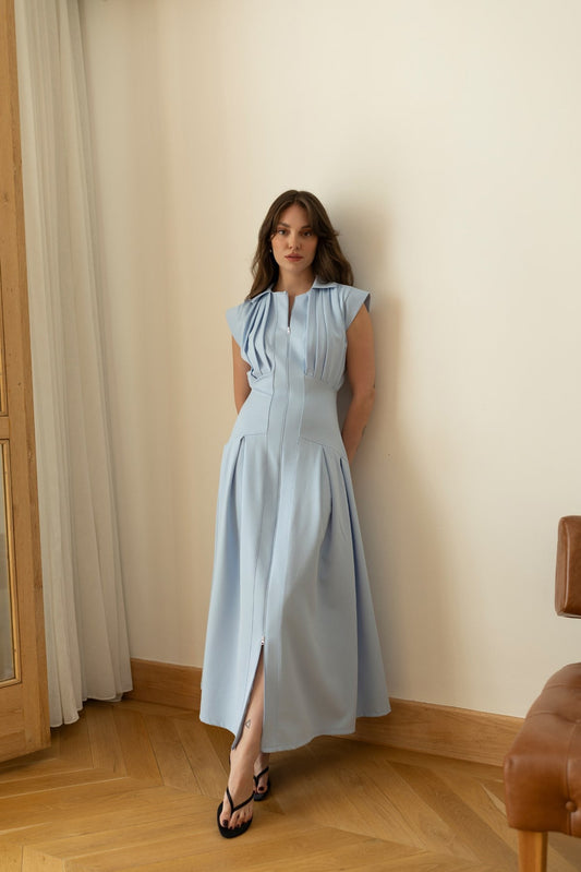 Baby Blue Polo Collar Front Zipper Pleated Dress
