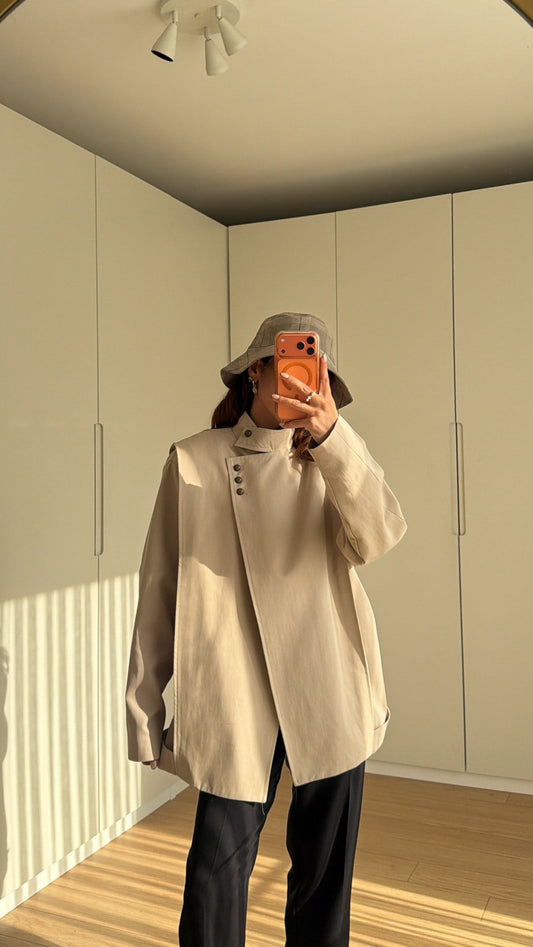 Beige Asymmetrical Buttoned Trench Coat