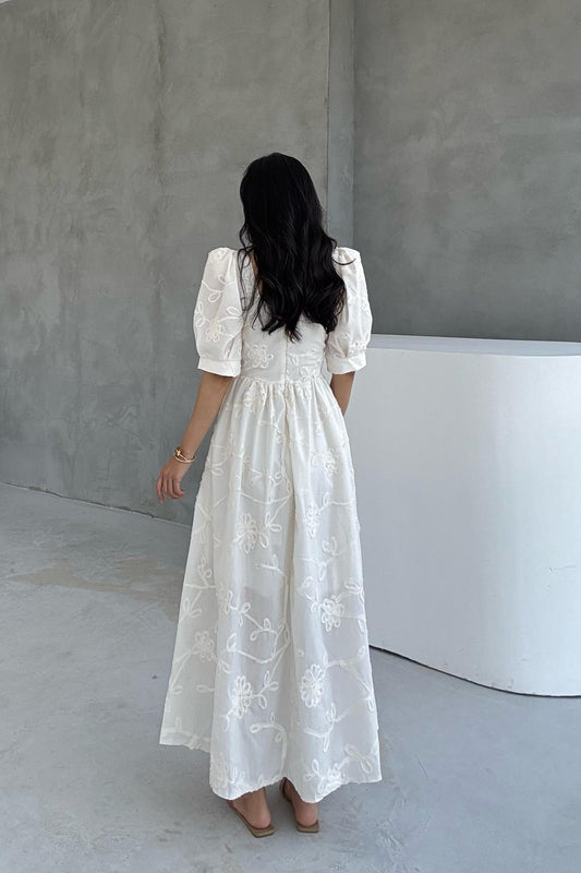 Beige Balloon Sleeve Embroidered Dress