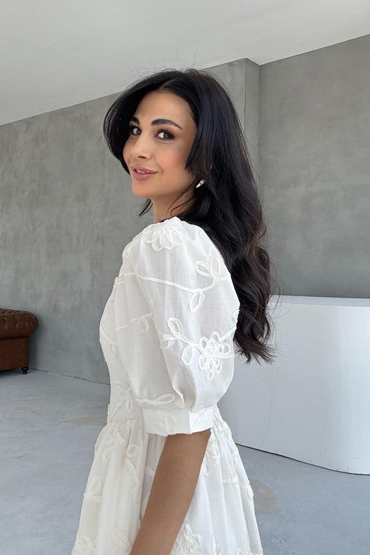 Beige Balloon Sleeve Embroidered Dress