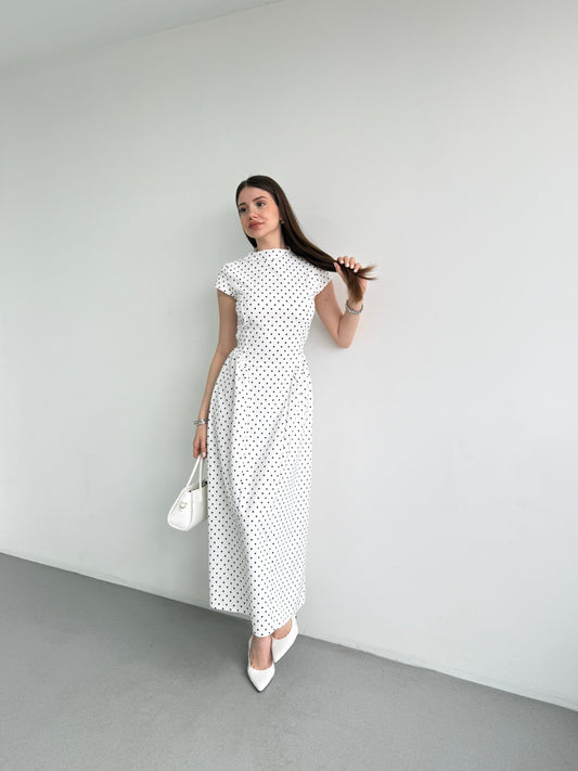 Patter White Polka Dot Midi Length Elegant Dress