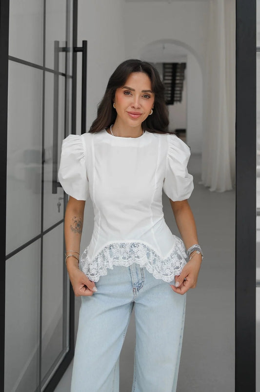 White with Back Zipper and Lace Ruffles Blouse