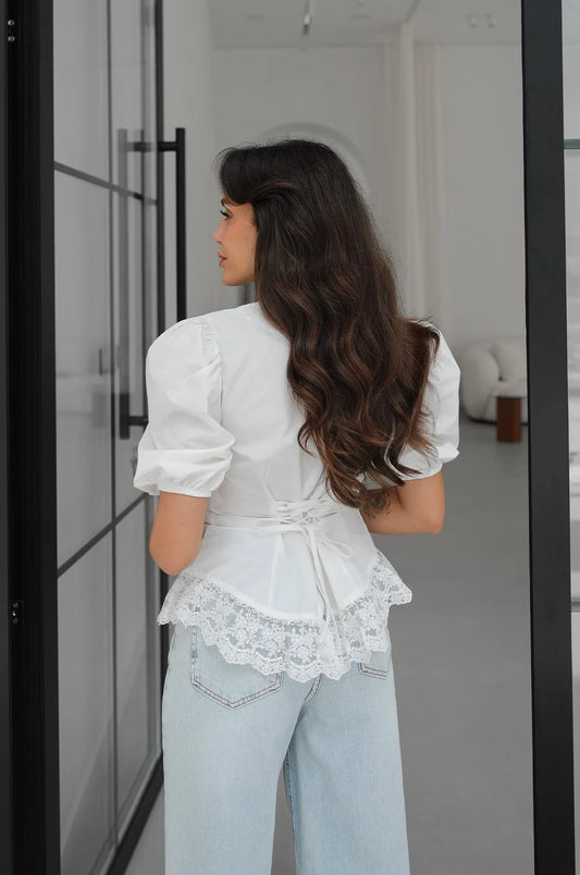 White with Back Zipper and Lace Ruffles Blouse