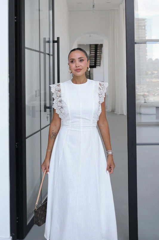 White Guipure Ruffled Midi Dress