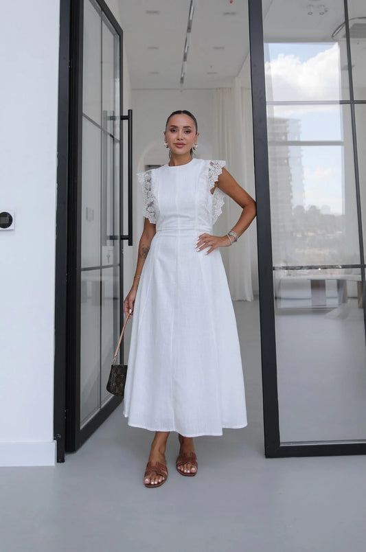 White Guipure Ruffled Midi Dress