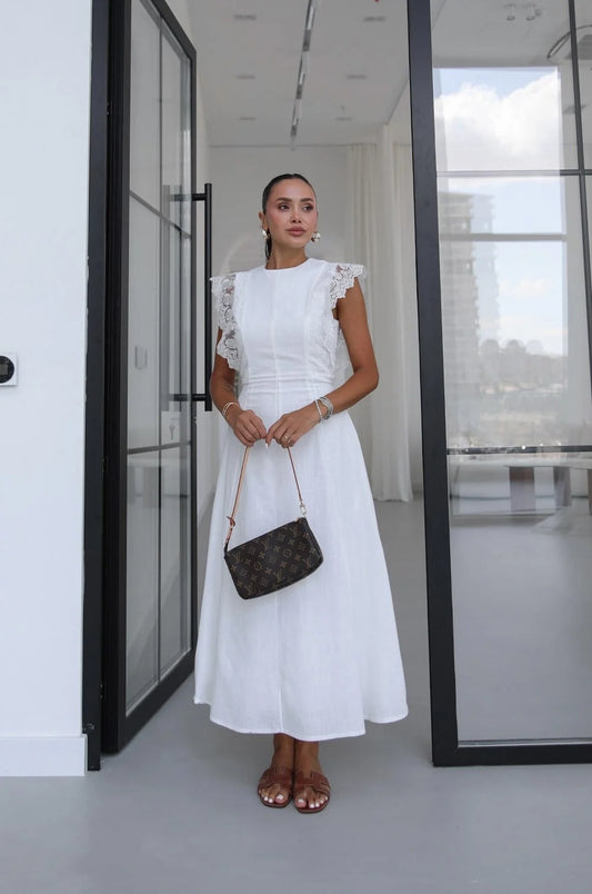 White Guipure Ruffled Midi Dress