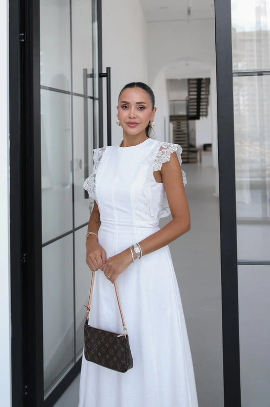 White Guipure Ruffled Midi Dress