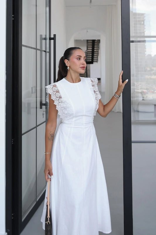 White Guipure Ruffled Midi Dress