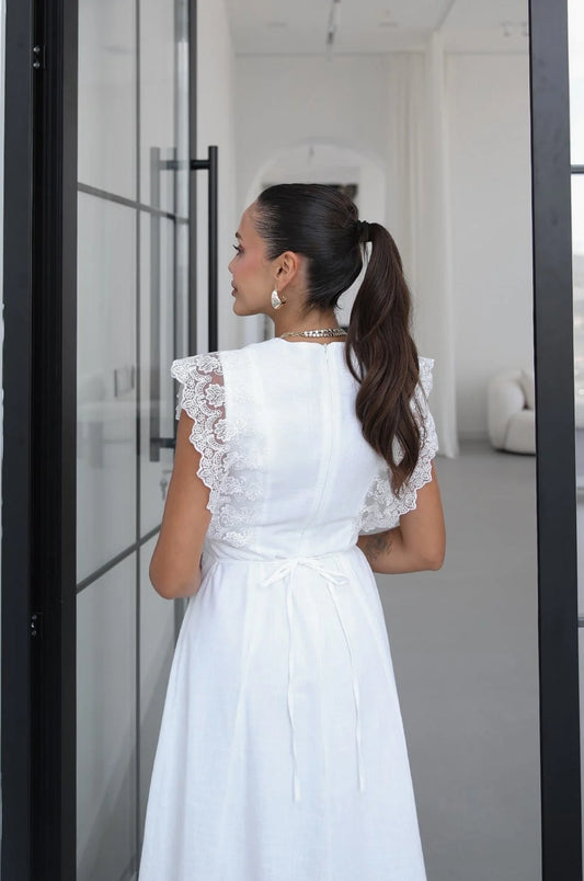 White Guipure Ruffled Midi Dress
