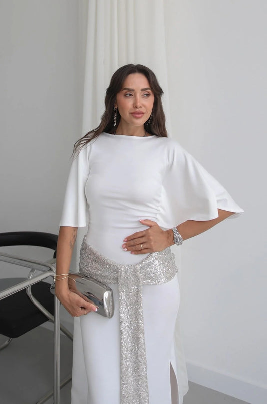 White Sequin Belted Backless Dress