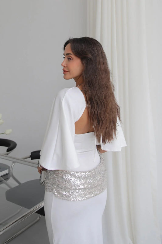 White Sequin Belted Backless Dress