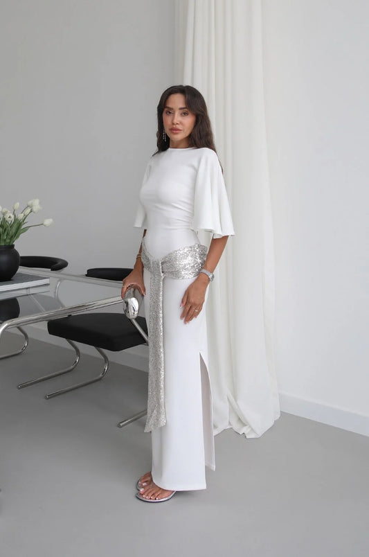 White Sequin Belted Backless Dress