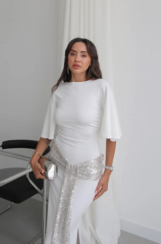 White Sequin Belted Backless Dress