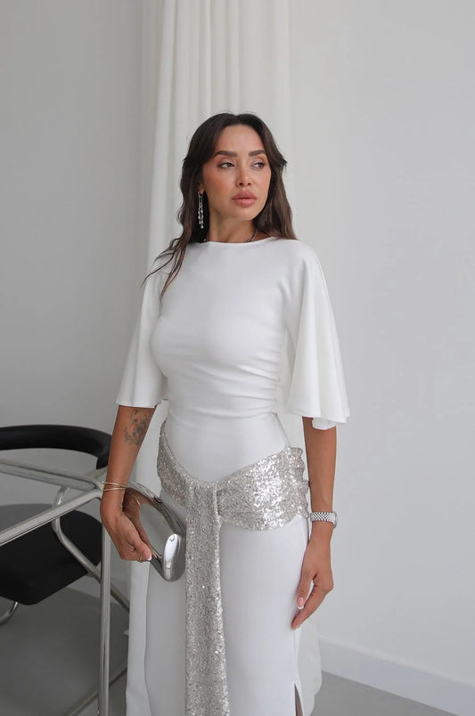 White Sequin Belted Backless Dress
