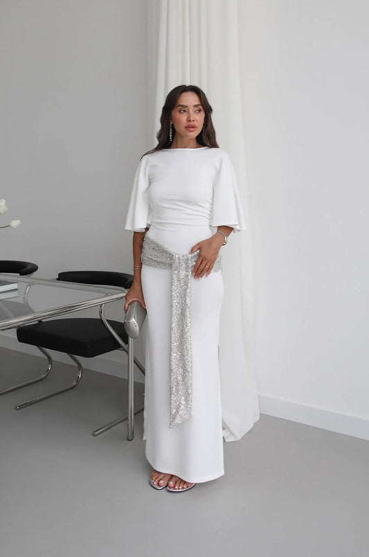 White Sequin Belted Backless Dress
