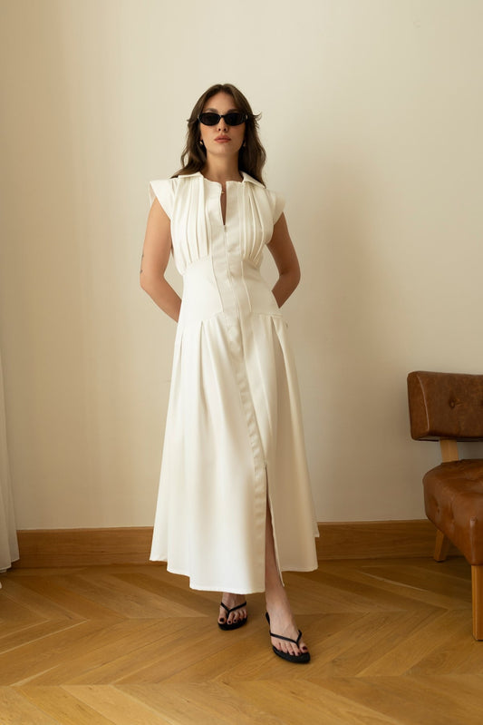 White Polo Collar Front Zipper Pleated Dress