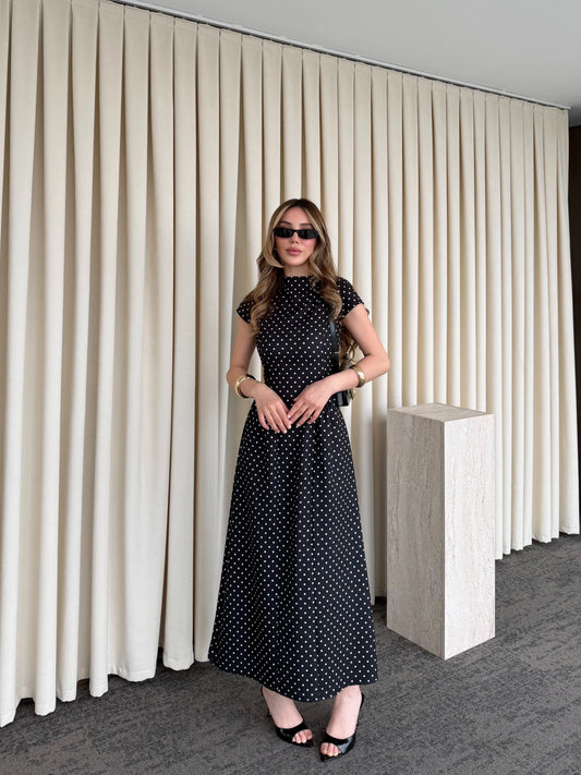 Patter Black Polka Dot Midi Length Elegant Dress