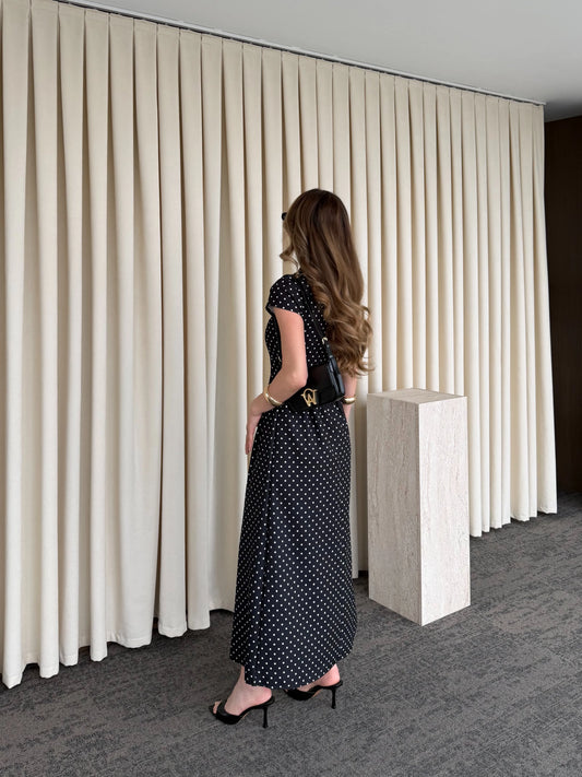 Patter Black Polka Dot Midi Length Elegant Dress
