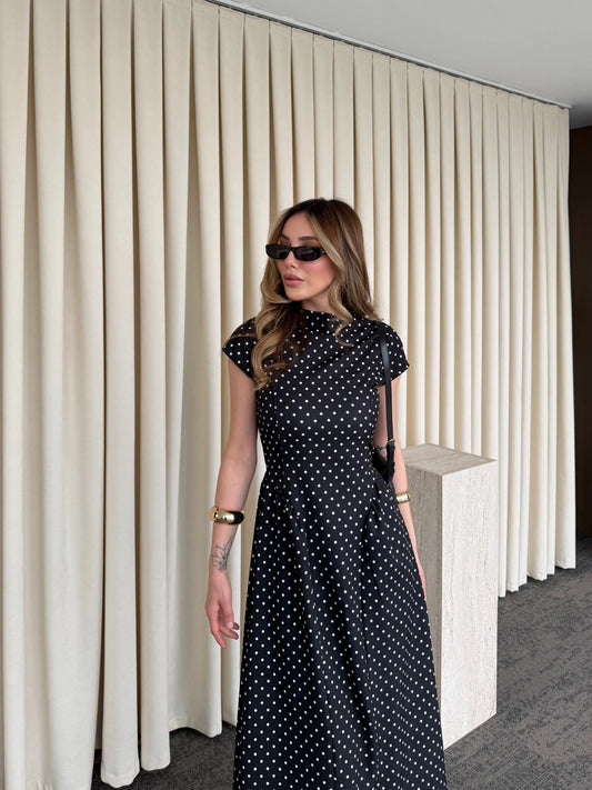 Patter Black Polka Dot Midi Length Elegant Dress