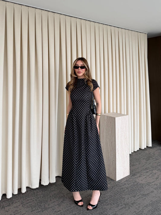 Patter Black Polka Dot Midi Length Elegant Dress