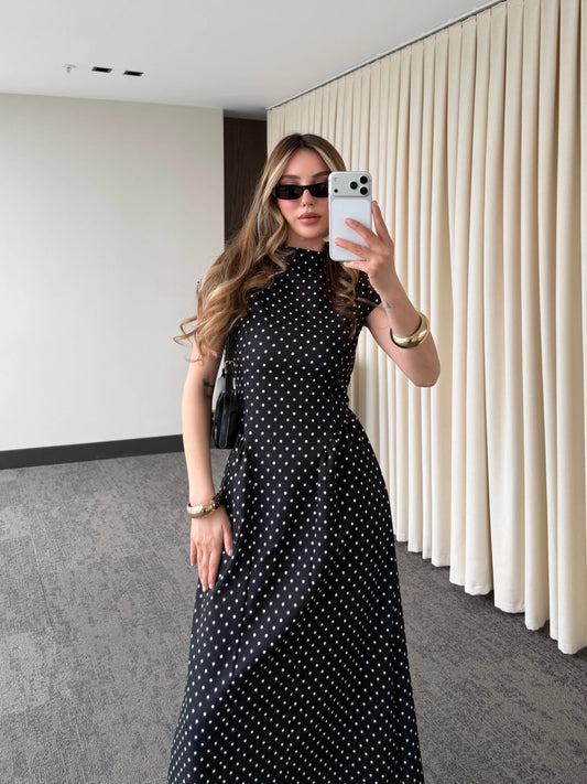 Patter Black Polka Dot Midi Length Elegant Dress