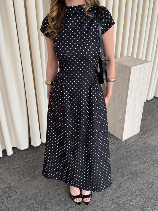 Patter Black Polka Dot Midi Length Elegant Dress
